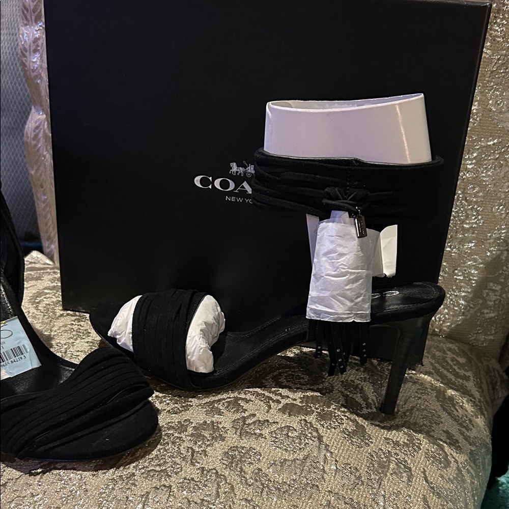 Coach Black Suede Women's Heels with Tasseled Ankle Strap NWT